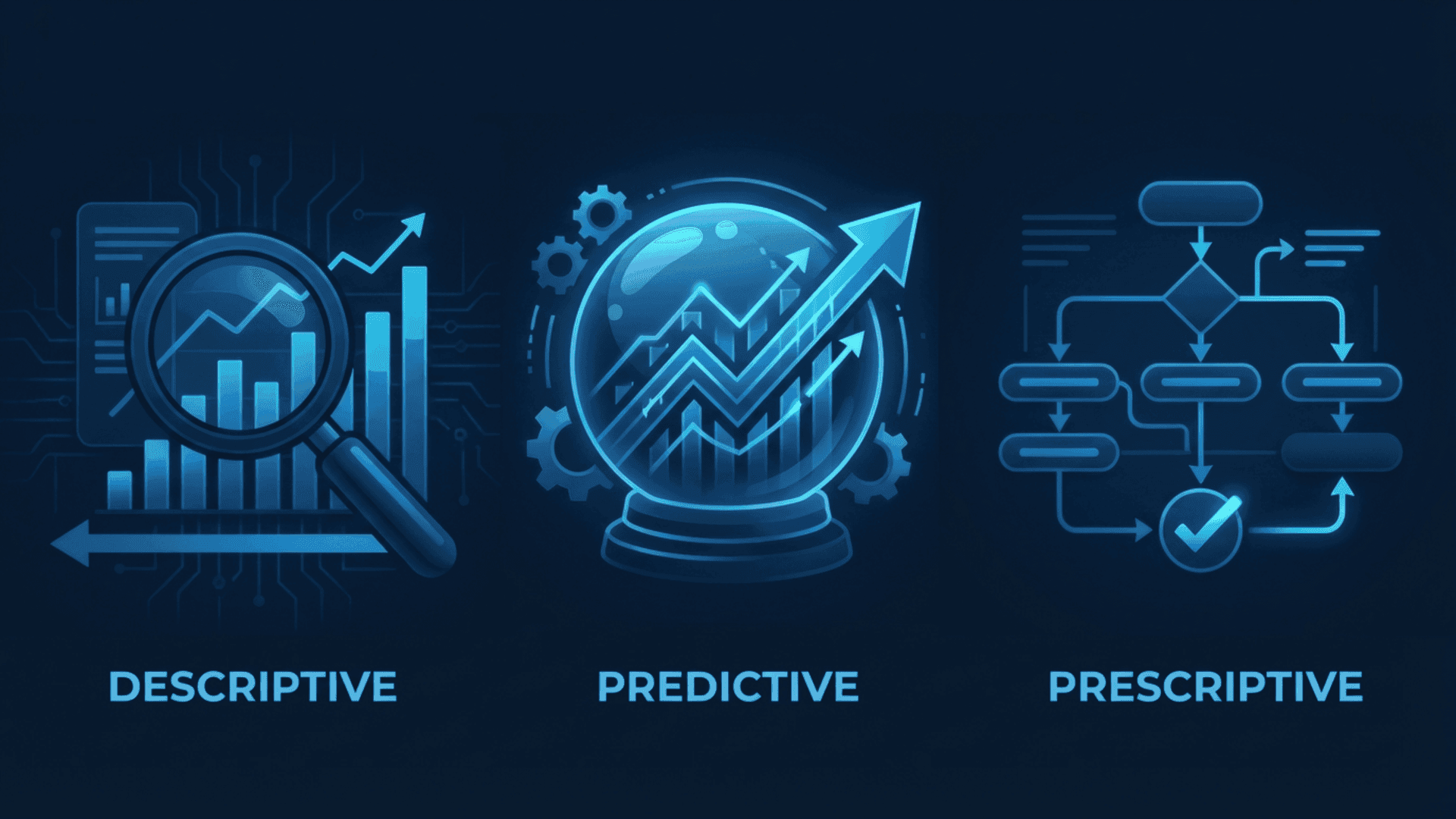 Illustration of descriptive, predictive and prescriptive analytics as three stages in a data driven decision process.